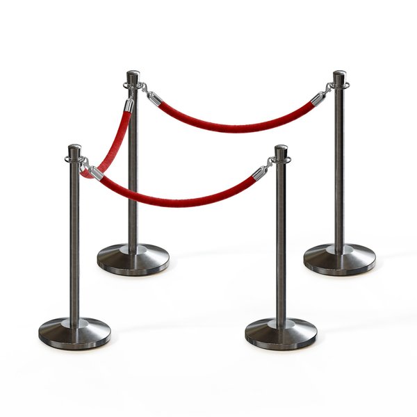 Montour Line Stanchion Post and Rope Kit Sat.Steel, 4 Crown Top 3 Red Rope C-Kit-4-SS-CN-3-PVR-RD-PS